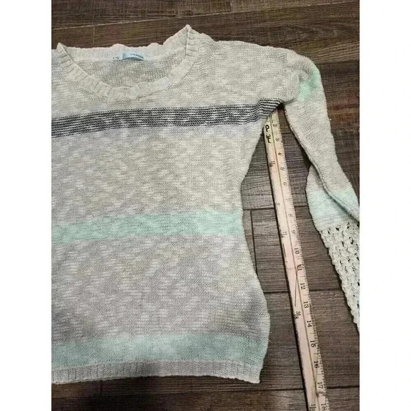 Maurices Small Striped Grey Mint Open Knit Long Sleeve Pullover Sweater - Picture 5 of 6
